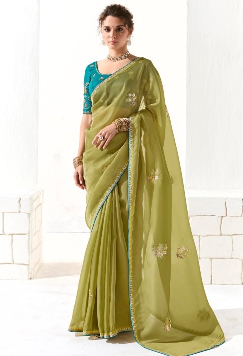 CHARMING LIGHT GREEN THREAD WORK TISSUE SILK MEHENDI WEAR SAREE